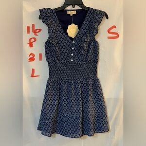 indulge Dark Navy Printed Ruffle-Sleeve Smocked Dress
